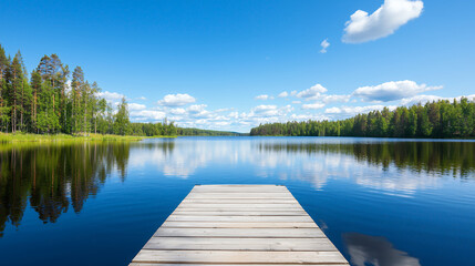 serene lake view with wooden dock extending into calm waters, surrounded by lush green trees and clear blue sky filled with fluffy clouds