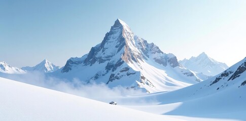 A solitary mountain peak rising from the white expanse of snow, frozen terrain, snow capped,