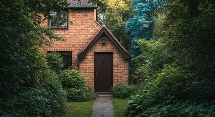 Obraz premium Charming Brick Cottage Amidst Lush Greenery - A quaint brick cottage nestled among vibrant green foliage, showcasing a charming and peaceful home environment