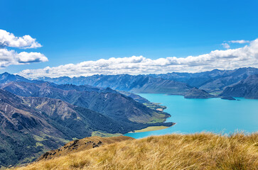 Lake Hawea and the mountains, Otago, South Island, New Zealand, Oceania.