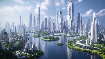 Fototapeta premium Futuristic Cityscape: Exploring a Sustainable Urban Paradise with Advanced Architecture and Greenery