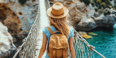 Woman Walks on Suspension Bridge Over Sea with Backpack and Hat