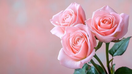 Fototapeta premium Three Pink Roses Bouquet Closeup Soft Light Floral Background