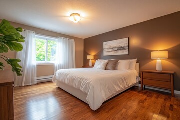 A modern bedroom showcasing a comfortable bed and decor