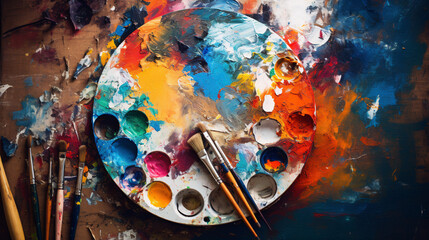 Vibrant artist's palette with brushes, colorful paint smudges, wooden texture, lively, creative atmosphere.

