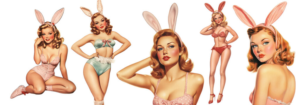 A vintage retro illustration of a pin up style woman wearing easter bunny ears. Transparent background