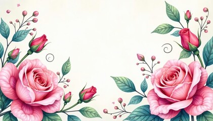 Delicate watercolor roses & buds, swirling vines , romantic, floral