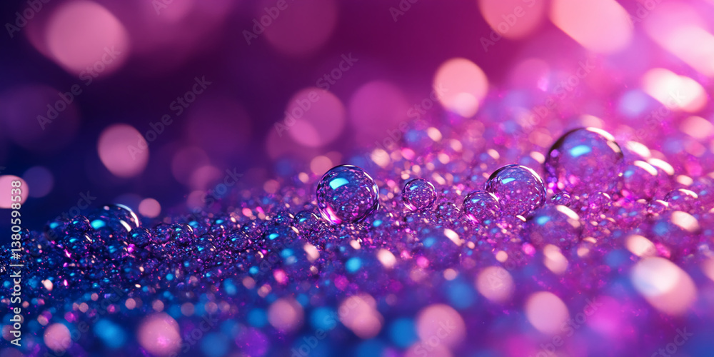 Poster close-up of iridescent bubbles, purple and blue hues, bokeh background, creating a dreamy, magical e