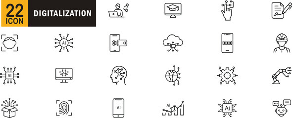 Digitalization editable outline icon set. AI, automation, cybersecurity, cloud-computing, machine-learning and more.
