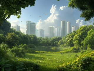 Urban park blends nature and cityscape with bright skies and towering buildings in a serene setting