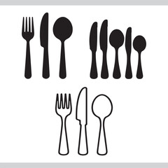 Set of kitchen cutlery including fork spoon and knife isolated on white background for dining and cooking