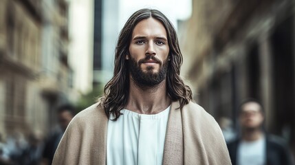 Jesus walking through a modern city street unnoticed by people passing by, wearing traditional robes, Real image, surreal and thought-provoking tone