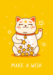 Cute сartoon maneki neko with stars on yellow background - funny asian character for Your kawaii design