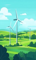 a landscape with trees and windmills