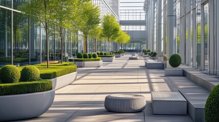 A corporate pedestrian plaza with a combination of glass, concrete, and steel architecture, lined with neatly trimmed plants and contemporary