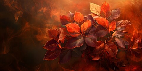 A close up of vibrant autumn leaves with a warm and inviting color palette in a blurred background