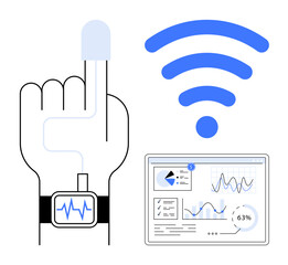Finger with sensor and smartwatch tracking vitals, sharing data with digital dashboard via wireless signal. Ideal for healthcare, telemedicine, IoT, wellness, tech innovation, fitness, flat simple