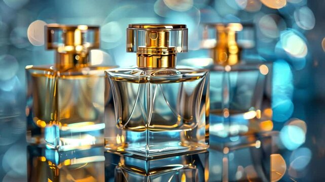 Luxury Essence: A trio of elegant fragrance bottles gleam under soft, ambient lighting, their crystal-clear contents promising an exquisite olfactory experience.