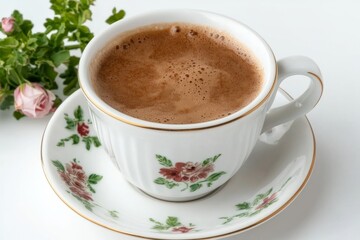 Fototapeta premium Traditional Turkish Coffee with Foam on Elegant Saucer Against White Background