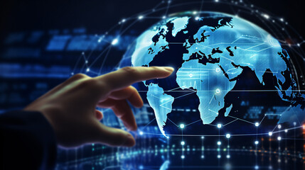 Digital twin technology in business, with a holographic globe and a man exploring futuristic hi-tech solutions.

