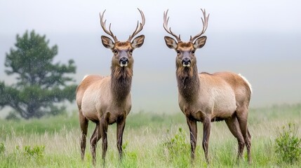 Fototapeta premium Two Elk in Snowy Meadow, Misty Atmosphere