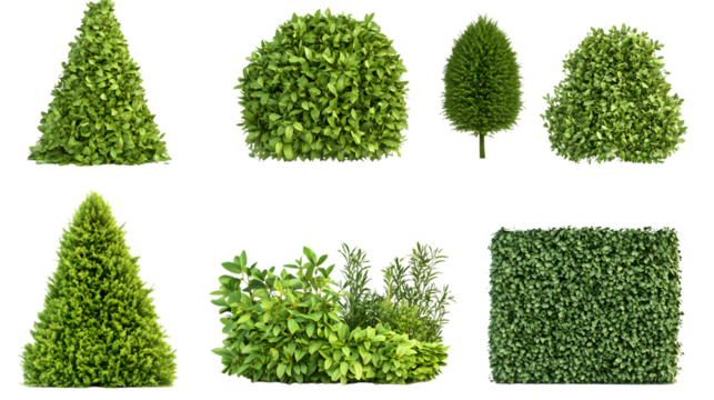 Variety of Pruned Hedges in Unique Shapes on Transparent Background for Creative Designs