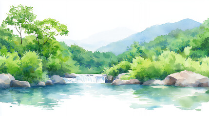 serene landscape featuring tranquil river with gentle waterfall surrounded by lush greenery and distant mountains, evoking sense of peace