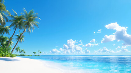 serene tropical beach scene featuring palm trees, clear blue skies, and calm turquoise waters, evoking sense of tranquility and relaxation