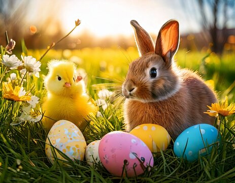 A nature-focused shot of spring blossoms or flowers, in a meadow symbolizing the renewal and rebirth associated with Easter, Easter eggs, fluffy bunny and cick 