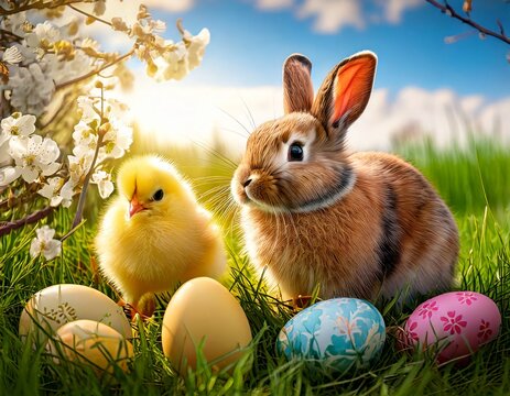 A nature-focused shot of spring blossoms or flowers, in a meadow symbolizing the renewal and rebirth associated with Easter, Easter eggs, fluffy bunny and cick 