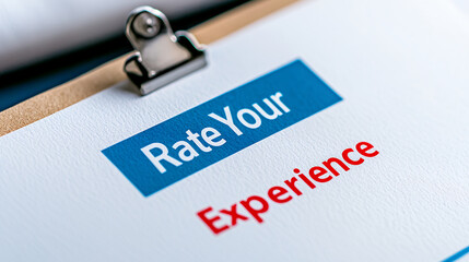 Obraz premium Rate your experience feedback form on clipboard, emphasizing customer satisfaction and engagement