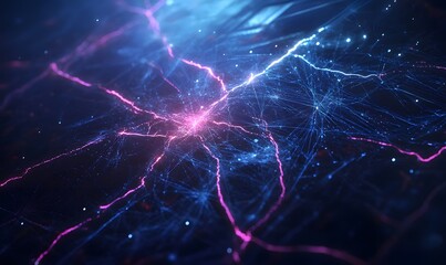 Abstract network of glowing lines and particles in blue and pink against a dark space background