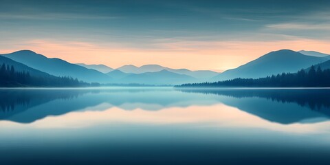 Obraz premium Calm lake reflecting blue mountains and trees at dawn with soft pastel sky in the background view
