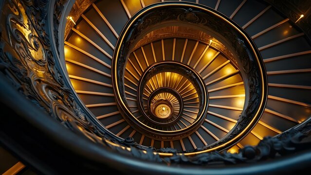 A beautifully designed spiral staircase featuring intricate details and warm lighting, creating a captivating visual effect. Concept Spiral Staircase Design, Intricate Detailing, Warm Lighting - Powered by Adobe