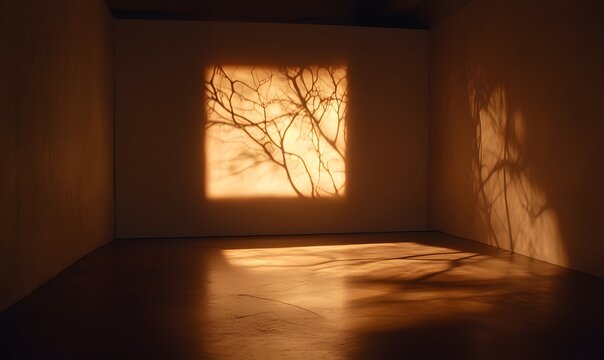 A square projection of tree branches on a wall in a dark room with shadows on the floor and walls