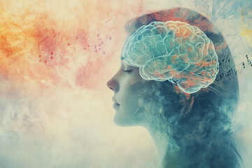 Profile of a woman, eyes closed, superimposed with a brain and musical notes, set against a textured, pastel background. Symbolizes the connection between music, mind and tranquility