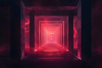 Fototapeta premium A long corridor with glowing red light and repeating square arches receding into the distance view