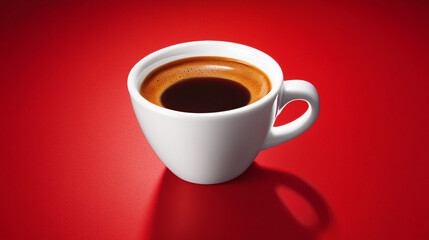 Obraz premium White cup of espresso on red background, showcasing rich dark brown coffee crema. Simple, elegant design ideal for cafe menu or advertisement