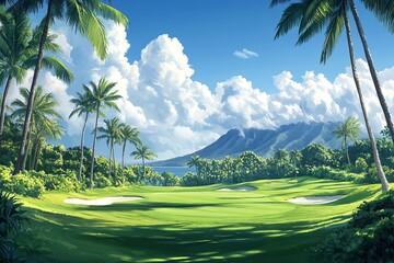 Serene tropical golf course with lush greens, palm trees, and mountains in the background under a vibrant blue sky.