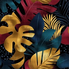 Golden Tropical Leaves Seamless Pattern – Modern Abstract Art Painting