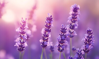 Fototapeta premium Close up shot of lavender flowers in a field with a soft pink and purple background in the sunlight