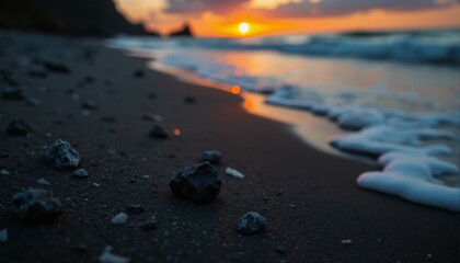 A serene volcanic beachscape at dusk, where warm orange light meets darkening ocean shadows.