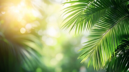 Obraz premium Sunny tropical palm leaves, bokeh background, nature banner