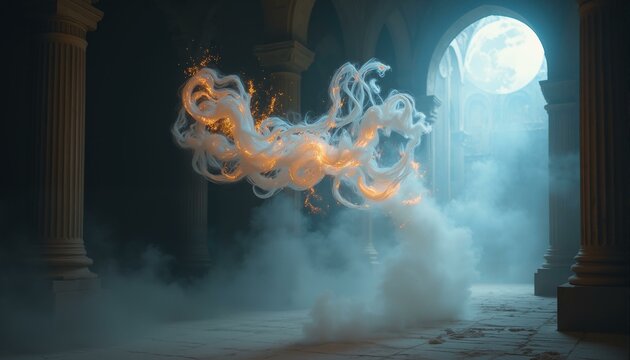 Dusty, abandoned ancient temple interior at night under moonlight, ethereal iridescent dust swirls with auric flecks and wispy veins, soft luminescence.