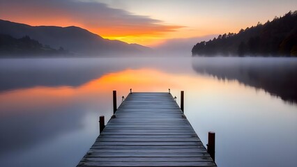 A serene lake at sunrise, featuring a wooden dock extending into calm waters, surrounded by misty mountains and a colorful sky. Concept Serene Lake at Sunrise, Wooden Dock Reflections