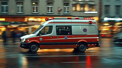 Emergency Response: Ambulance speeding through city streets on a rainy night