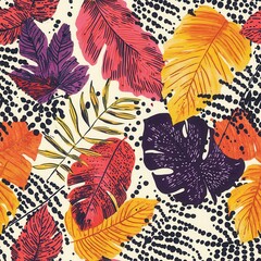 Sunset Jungle Tropical Leaves Seamless Pattern – Modern Abstract Art Painting