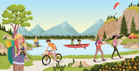 People around colorful forest with blue lake. Teenagers in green park with grass and trees. Nature landscape.
