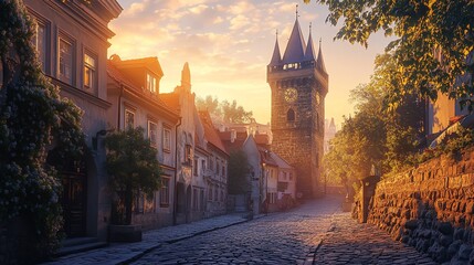 Sunrise Cobblestone Street, Old Town Clock Tower, Cityscape, Travel