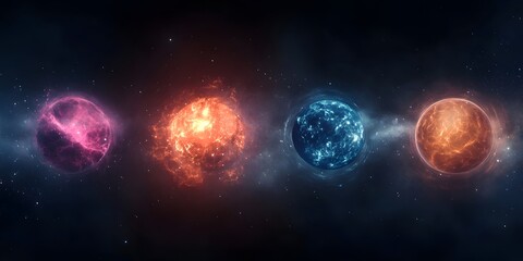 A row of four colorful planets with different textures and colors in a dark space background